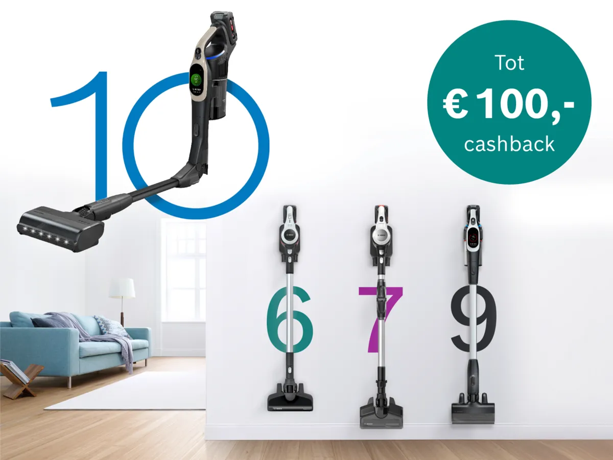 Nu tot € 100,- korting op actiemodellen Bosch Unlimited steelstofzuigers.
